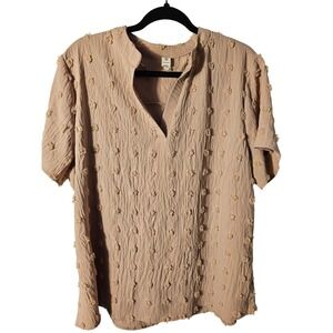 B Womens XXL Tan Swiss Dot Pom Pom Textured Split V-Neck Short Sleeve Blouse